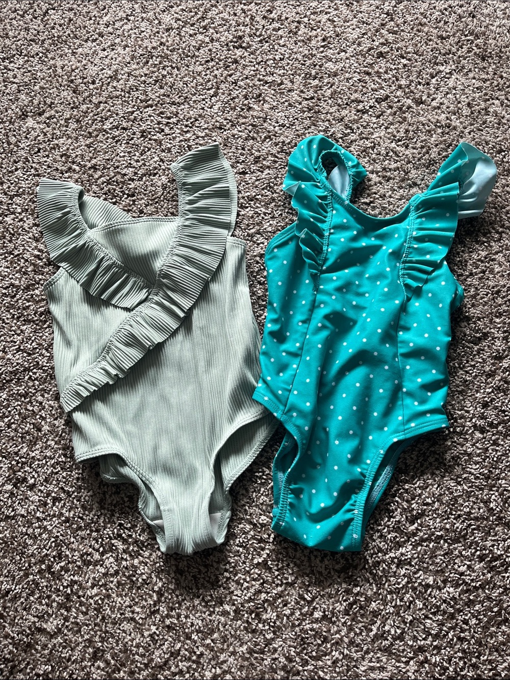 Toddler Girl Ruffled One-Piece Swimsuit in Teal and Light Green Bundle